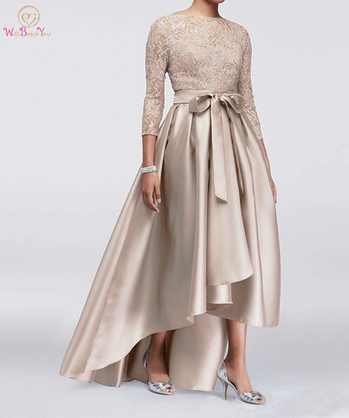 Beautiful High Low Lace Evening Dresses Beads 3/4 Long Sleeve Satin Vestidos De Festa Long Party Dress Prom Formal Celebrity Gowns