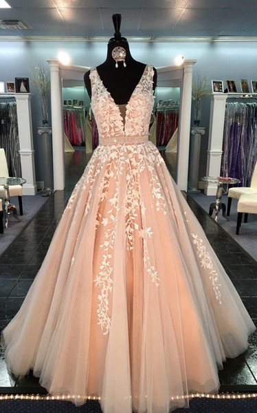 GRAY V NECK BLUSH PINK LACE BALL GOWN PROM DRESSES QUINCEANERA DRESSES LONG BEADED WAISTBAND EVENING GOWNS FORMAL PARTY 