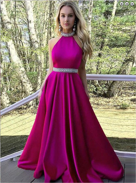 Fuchsia Prom Dresses Halter Jewel Neckline Crystal Sequined A-Line Round Neck Open Back Satin Pink Backless Long Formal Party Gowns 