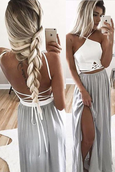 White-silver Prom Dresses Chiffon High Split Backless Spaghetti Straps Sexy Evening Gowns Two Pieces Formal Special Occasion Party Dresses