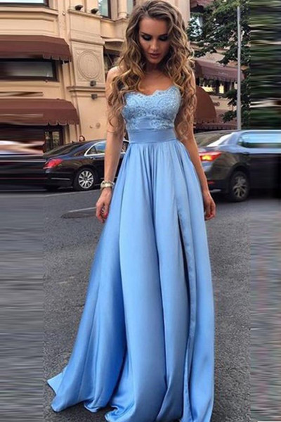 Sky Blue Prom Dresses Elastic Satin Lace Appliques Split Strapless Sweetheart A-line Sweep Train Evening Gown Custom Made 