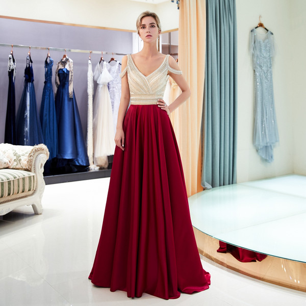 Prom Long Elegant Dresses Champagne Burgundy Beaded Crystal Bodice A-line Off Shoulder Satin Deep V-neck Backless Evening Party Gowns 