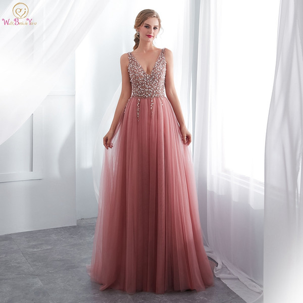 Prom Dresses Long V-Neck Beading High Split Pastel Tulle Women Formal Occasion Wear Evening Gowns A-Line