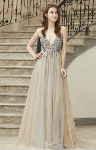 Sexy V Neck Hot Sale A Line Tulle Long Prom Dresses Beaded Sequins Open Back Evening Party Gowns Formal