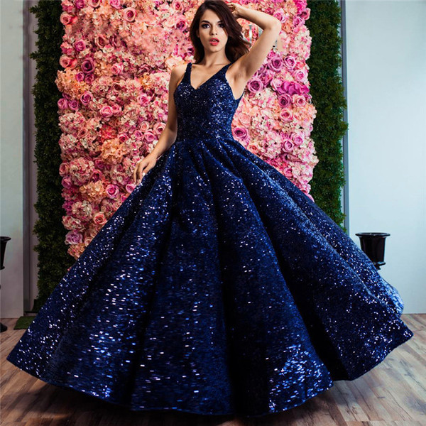 Long Puffy Prom Dresses Bling Sequined Royal Blue Ball Gown Sleeveless Dubai Saudi Arabia V neck Evening Gown vestido de novia sirena