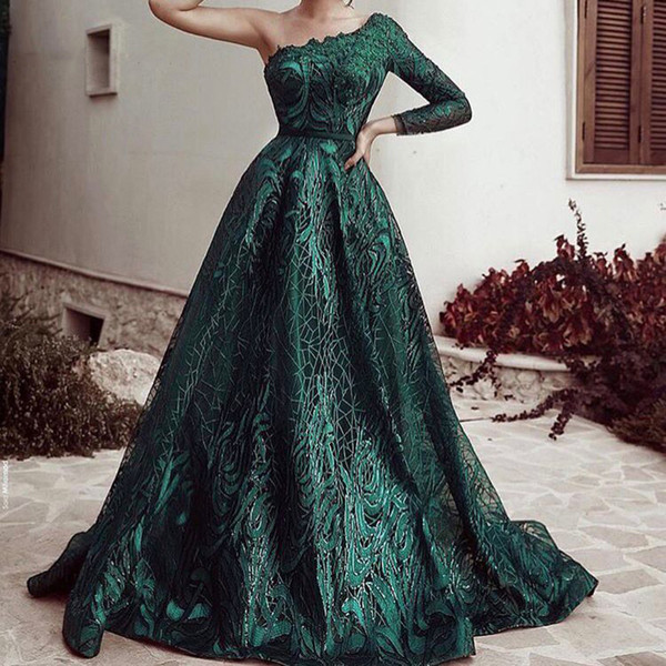 Long Sleeve Prom Dresses Elegant A-line One Shoulder Elegant Green Lace Abendkleider Arabic Formal Party Girl Evening Dress 