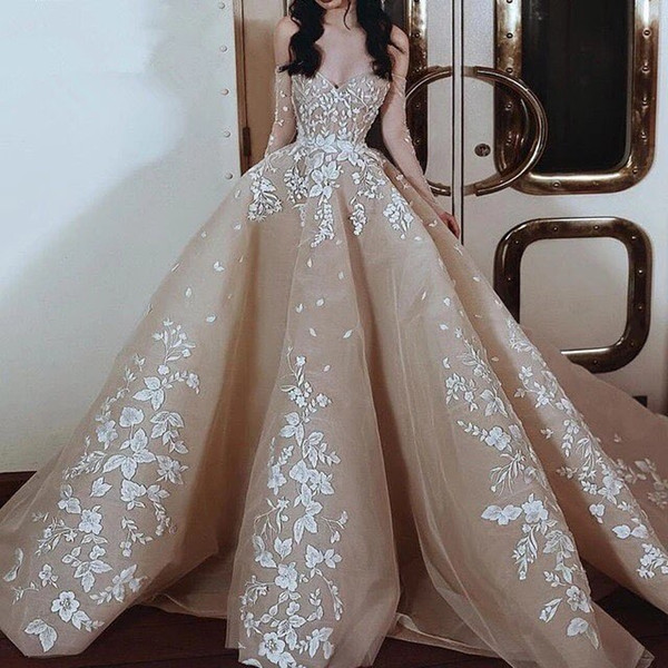 Prom Dresses Long Tulle Long Sleeves Muslim Champagne Tulle Ivory Lace Appliques Evening Formal Party Gowns Red Carpet Graduation Dress