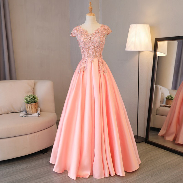 Pink Prom Dresses Beaded Satin A-line Long Floor Length V-neck Transparent Lace Up Back Evening Gowns Stock Special Occasion Dresses 