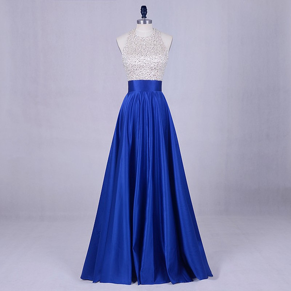 Beaded Satin Prom Dresses with Halter Neck Floor Length Evening Gowns Backless Formal Dress