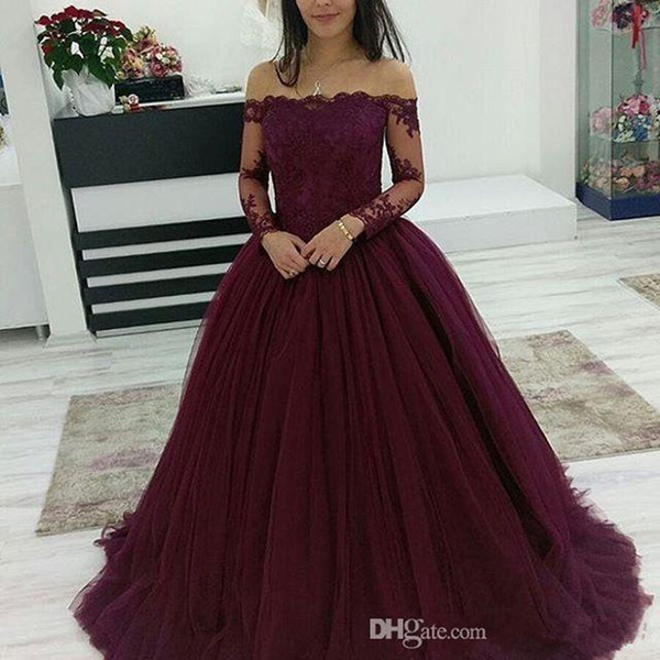 Burgundy Off Shoulder Tulle Prom Dresses with Lace Appliques Long Sleeves Evening Gowns Floor Length Quinceanera Dress