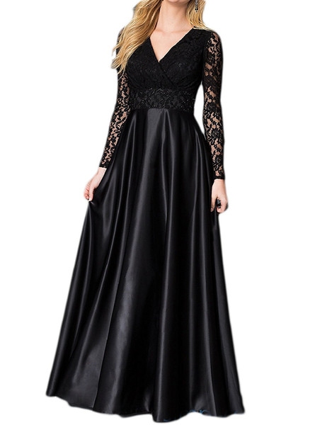 Long Sleeves Prom Dresses with Lace Appliques Black V Neck Sexy Long Prom Gowns vestidos largos