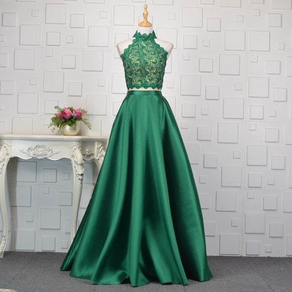 Jewel Neck Lace Satin 2 Piece Prom Dresses Beaded Floor Length Prom Gowns Royal Blue Dark Green Burgundy