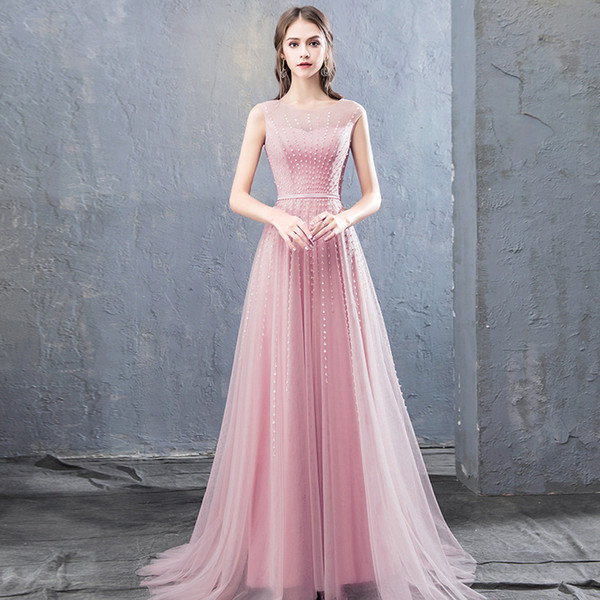 Beaded Tulle Long Prom Dresses Blush Pink Red Scoop Neck Evening Gowns Summer Floor Length Formal Party Dress