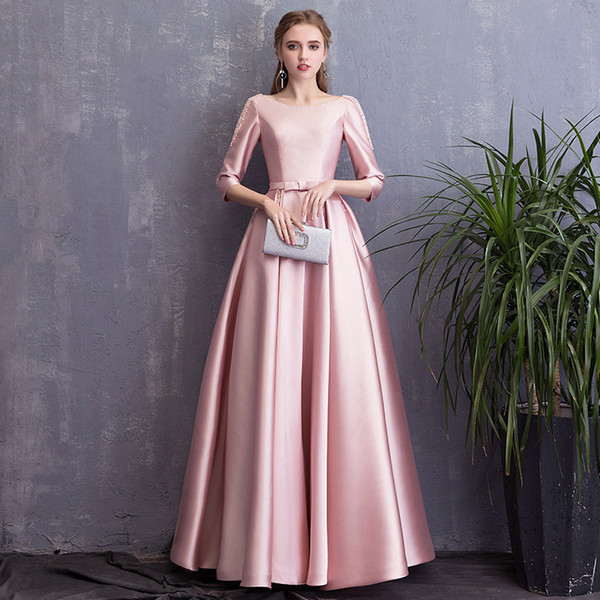 Blush Pink Satin Long Prom Dresses with pockets Backless Formal Prom Gowns Pearls Formal Dress