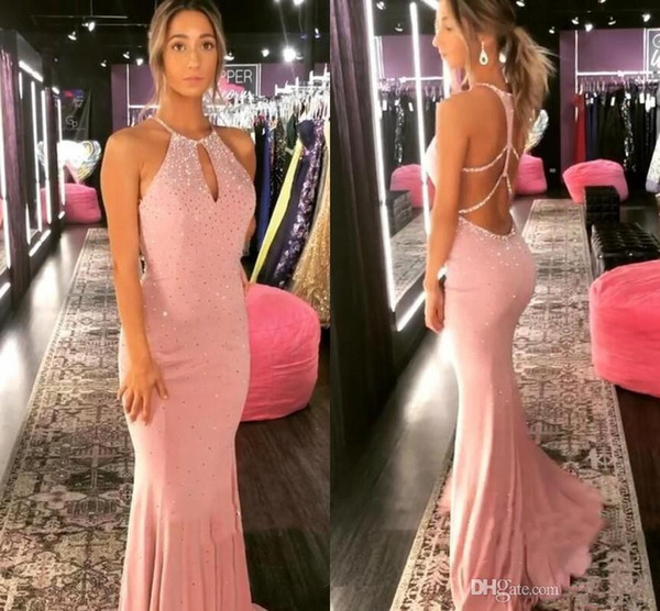 Crystal Sheath Long Prom Dresses with Halter Neck Backless Evening Gowns Floor Length Party Dress elegant