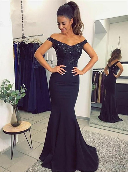 Mermaid off Shoulder Satin Prom Dresses Gowns Navy Blue Long Formal Party Dress with Beads Appliques