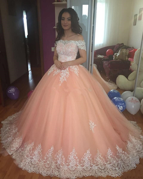 Off Shoulder Ball Gown Prom Dresses with Lace Appliques Sweep Train Prom Gowns Lace Up