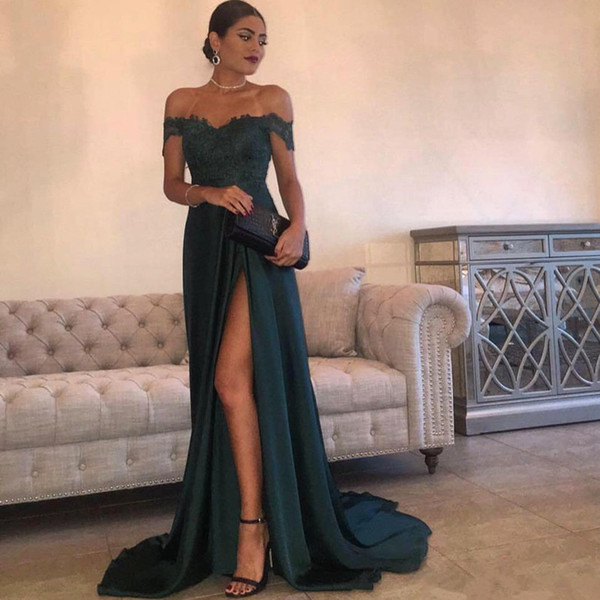 Off Shoulder Satin Long Prom Dresses with Lace Appliques New Split Prom Gowns Lace Up abiti da sera