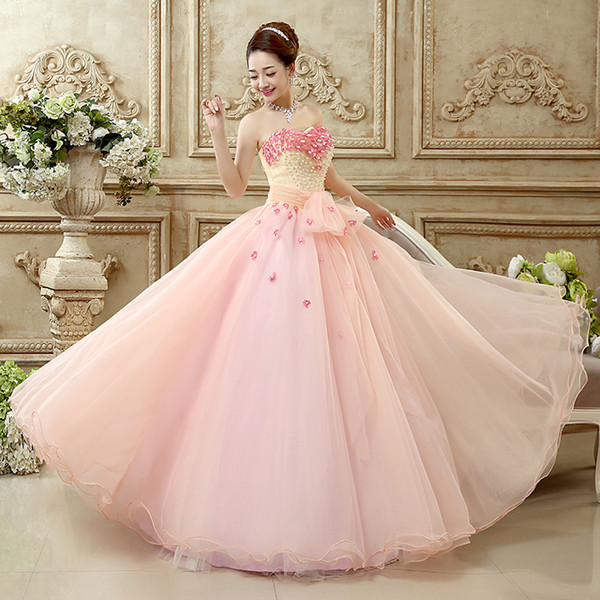 Organza Ball Gown Prom Dresses with Flower Pearls Pink Long Prom Gowns Lace Up vestidos largos