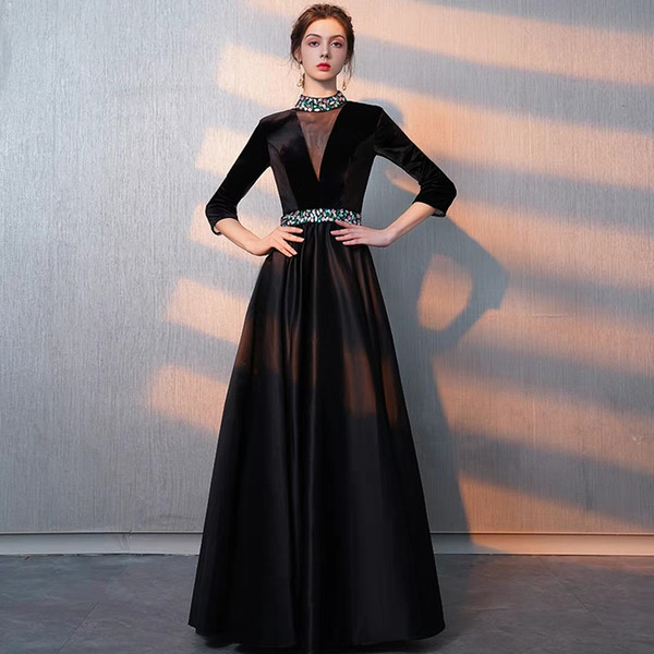 Beaded High Neck Satin Prom Dresses Sheer Back Evening Dress Long Sleeves Formal Dresses Black