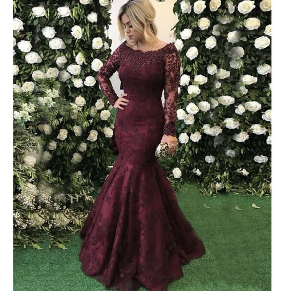 Burgundy Beaded Mermaid Prom Dreses with Lace Appliques Long Sleeve Formal Dress New Evening Gowns