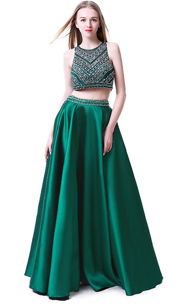 Dark Green Beaded 2 Pieces Prom Dresses Floor Length Prom Gowns Fashion Party Dress Fast 