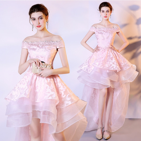 Organza High Low Prom Dresses with Off Shoulder Neckline Lace Embroidery Prom Gowns Pink Color