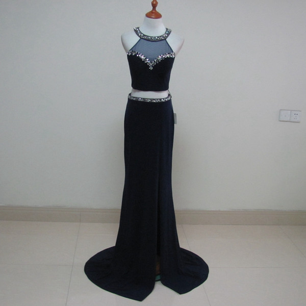 Beaded Crystal Knitted Prom Dresses Jewel Neck 2 Pieces Prom Gowns Navy Blue Party Dress Real Photo