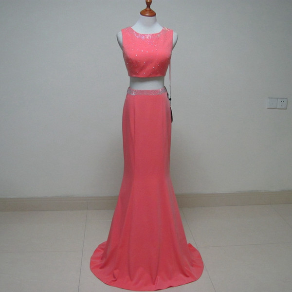 Jewel Neck Tulle Satin 2 Pieces Prom Dresses with Crystal Stones Coral Long Prom Gowns