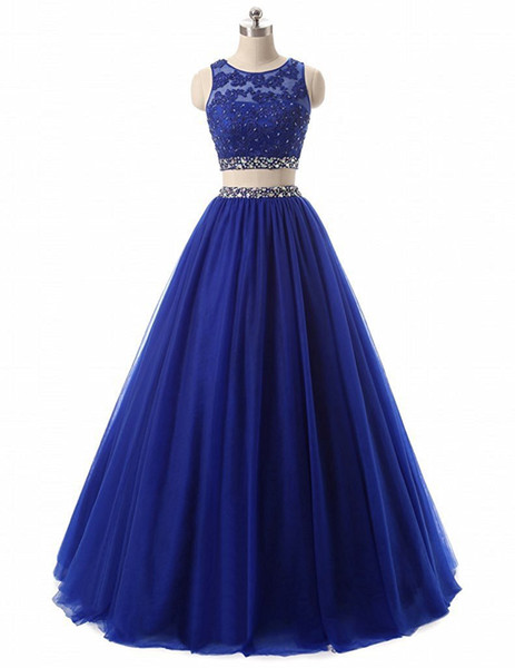 Jewel Neck Lace Tulle 2 Pieces Prom Dresses Beaded Long Prom Gowns Open Back Party Dresses Royal Blue