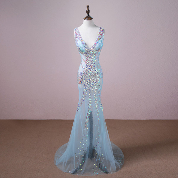 Baby Blue V Neck Tulle Prom Dresses New Beaded Mermaid Prom Gowns Sexy Party Dress