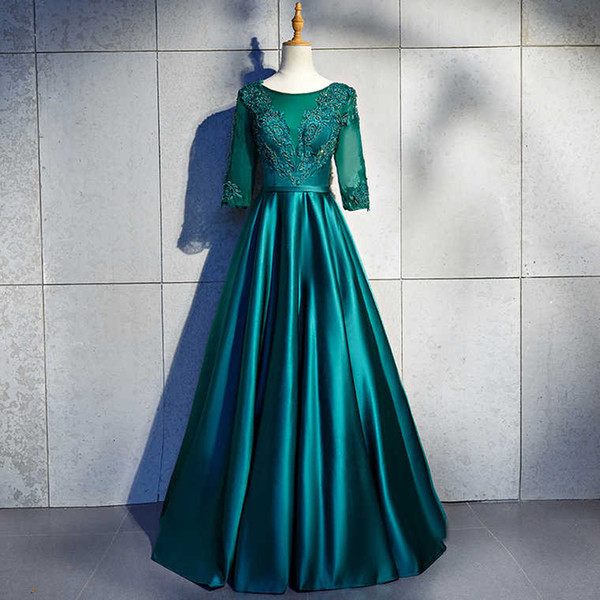 Beaded Lace Satin Prom Dresses Middle East Long Prom Gowns New Scoop Neck Party Dress Dark Green