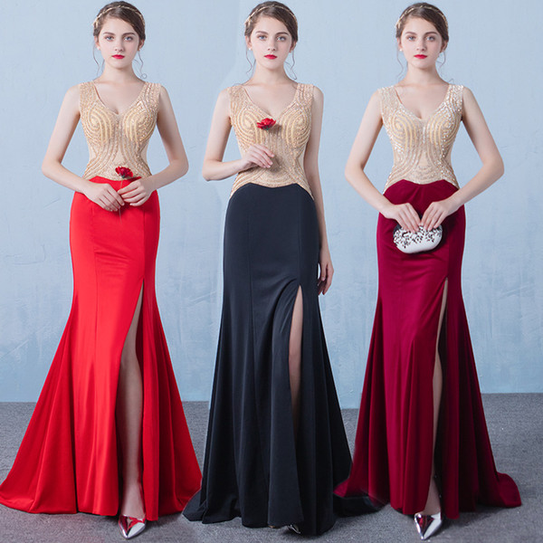 Sheer V Neck Mermaid Evening Dresses Beading Prom Dresses Floor Length Party Gowns Red Black