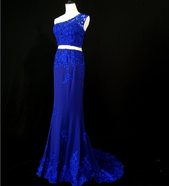 One Shoulder 2 Pieces Prom Dress with Lace Appliques Royal Blue Long Mermaid Prom Gowns