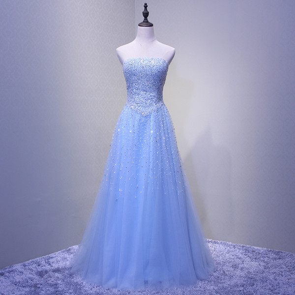 Beaded Strapless Tulle Prom Dresses Floor Length Prom Gowns Lace Up Evening Gowns Sky Blue