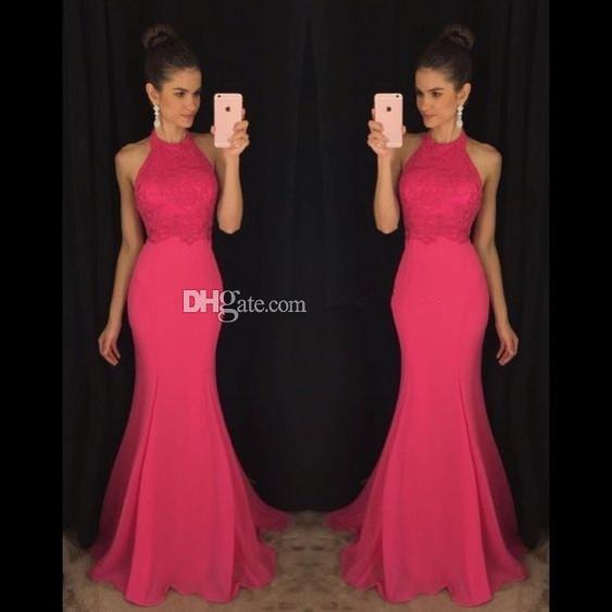 Lace Chiffon Mermaid Prom Dresses with Halter Neckline Backless Long Formal Dress Fuchsia Prom Gowns