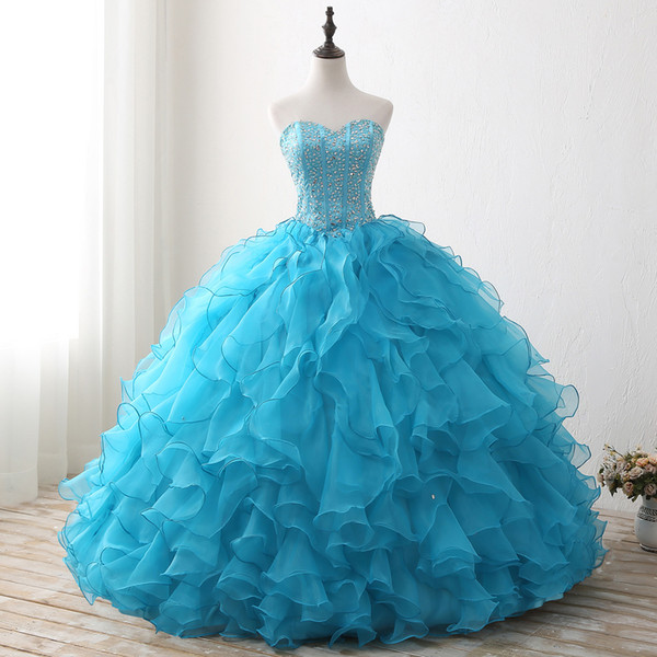 Organza with Ruffles Ball Gown Prom Dresses Luxury Beaded Floor Length Prom Gowns Lace Up Quinceanera Dress