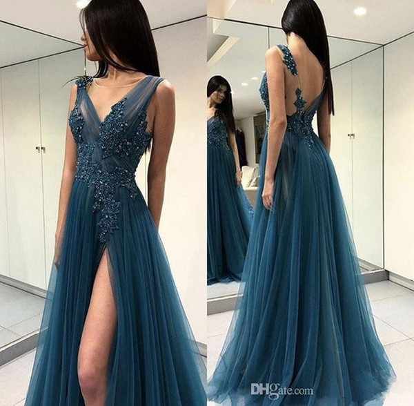 Long Prom Dresses Vestido De Festa Illusion Bodice Backless Front Slit Special Occasion Dress Appliques Beading Formal Gowns