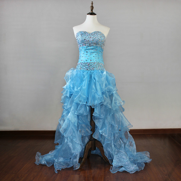 Sweetheart Crystal High Low Prom Dress With Ruffles Elegant Prom Gowns Short Front Long Back