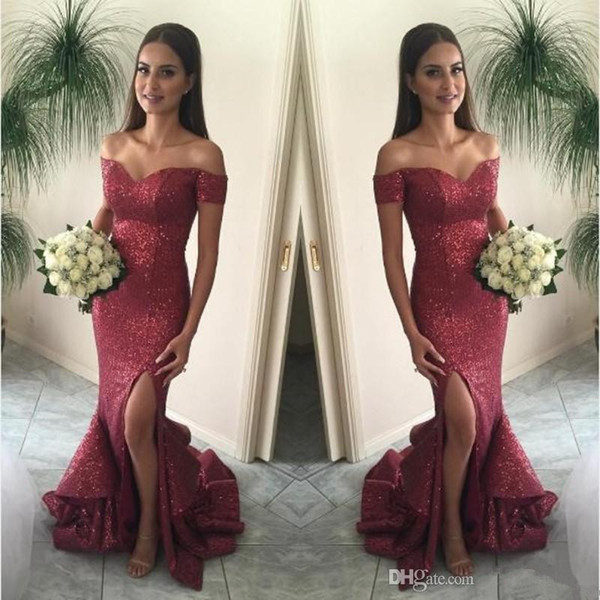 Bling Sequins Mermaid Off Shoulder Prom Dresses Ruffled Long Prom Gowns Sweep Train Evening Dress