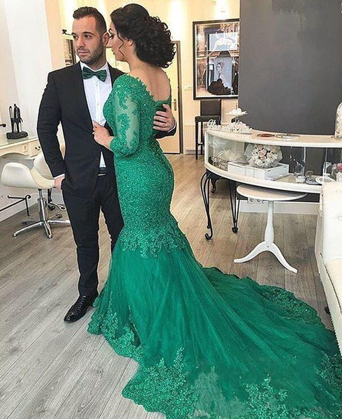 Arabic Mermaid V Neck Long Prom Dresses with Beaded Appliques Sweep Train Formal Dress robe de soiree