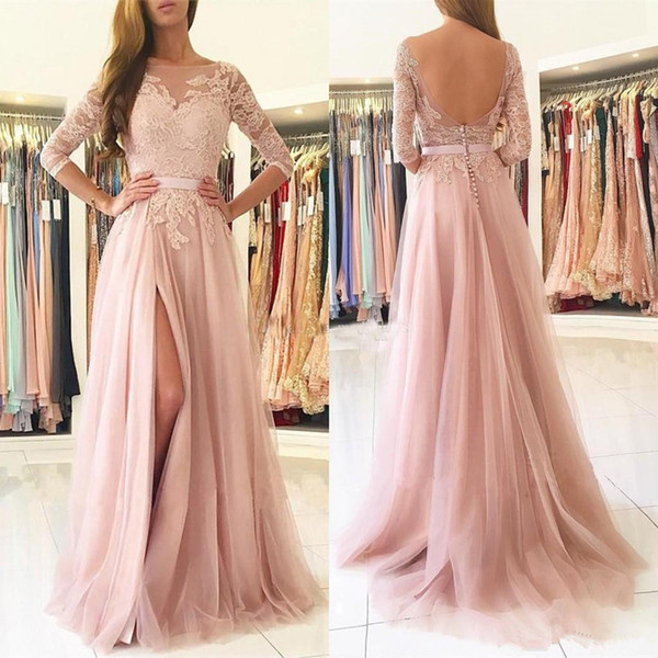 Blush Pink Tulle with Lace Long Prom Dresses Backless Evening Dress 3/4 Long Sleeves Formal Gowns