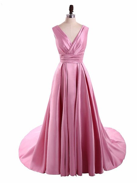 Elegant Women's V-neck A-line Satin Prom Dresses Long Ruched Evening Dress Sleeveless Sweep Train Corset Back Formal Party Gowns