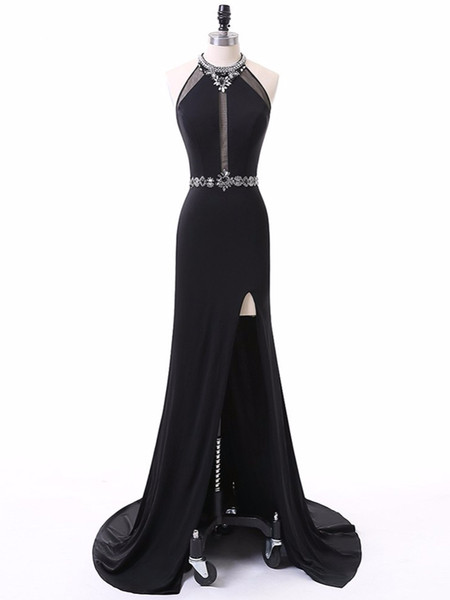 Real Photos Women's Sexy Key-hole Neckline Beaded Collar Prom Dresses Sleeveless Front Split Evening Dresses Floor Length Formal Gowns