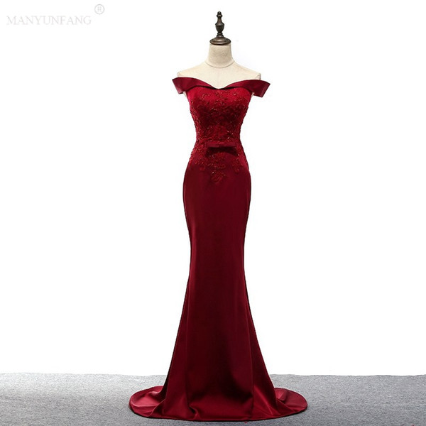 Simple Red Wine A Line Evening Dresses Satin Off The Shoulder Prom Dresses Floor Length Saudi Arabic Formal Cheap Boat Neck Party Dresses