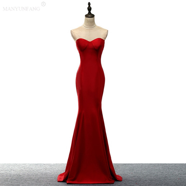 Hot Red High Quality Satin Mermaid Prom Dresses Strapless Sexy Backless Sweep Train Formal Evening Dresses Women Party Gowns