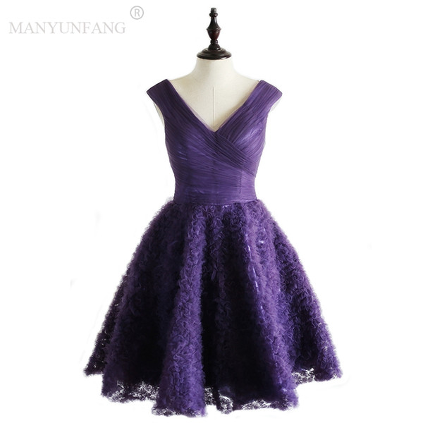 Purple V Neck Prom Dresses Short Sexy Skirt Formal Prom Gowns Pleat Cocktail Dresses Graduation Wear Cheap Custom Made Dresses