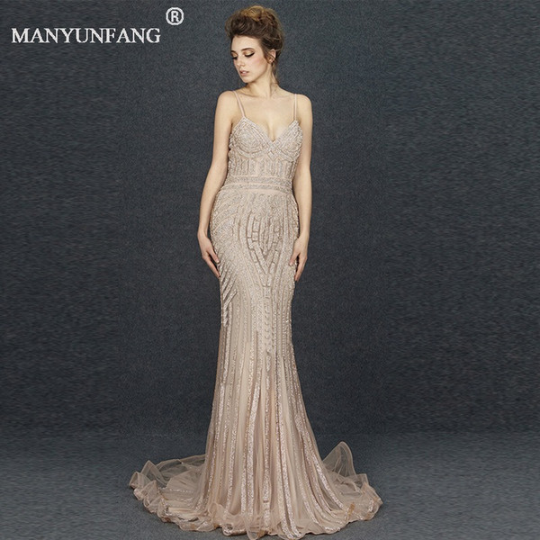 Spaghetti Straps Elegant Long Prom Dresses Mermaid Gold Applique Sweep Train African Women Customer Made Formal Prom Evening Gowns