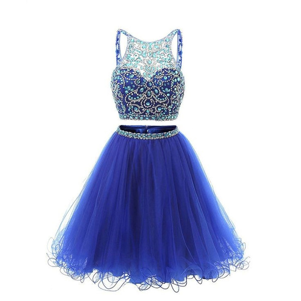 Real Photo Short Prom Homecoming Dress Two Piece Rhinestone Beaded Brilliant Sleeveless Low Back Cocktail Party Gowns for Juniors