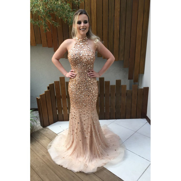 Sexy Mermaid Style Halter Beaded Prom Formal Dress Backless Long Gold Crystal Special Occasion Evening Long Dresses Junior